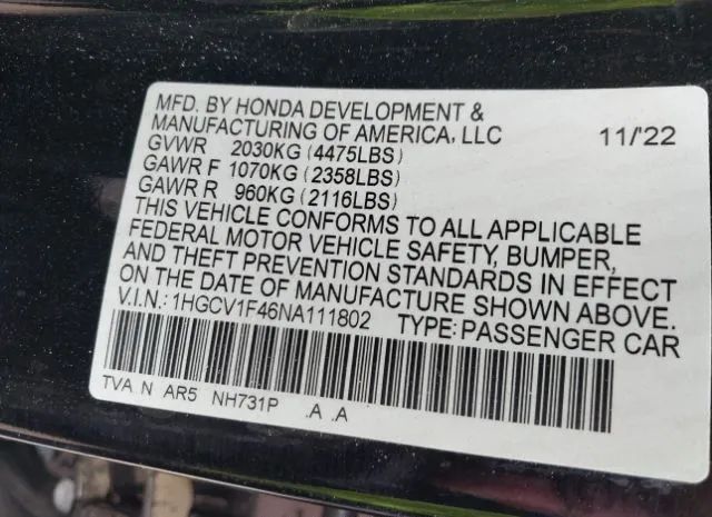 Photo 8 VIN: 1HGCV1F46NA111802 - HONDA ACCORD 