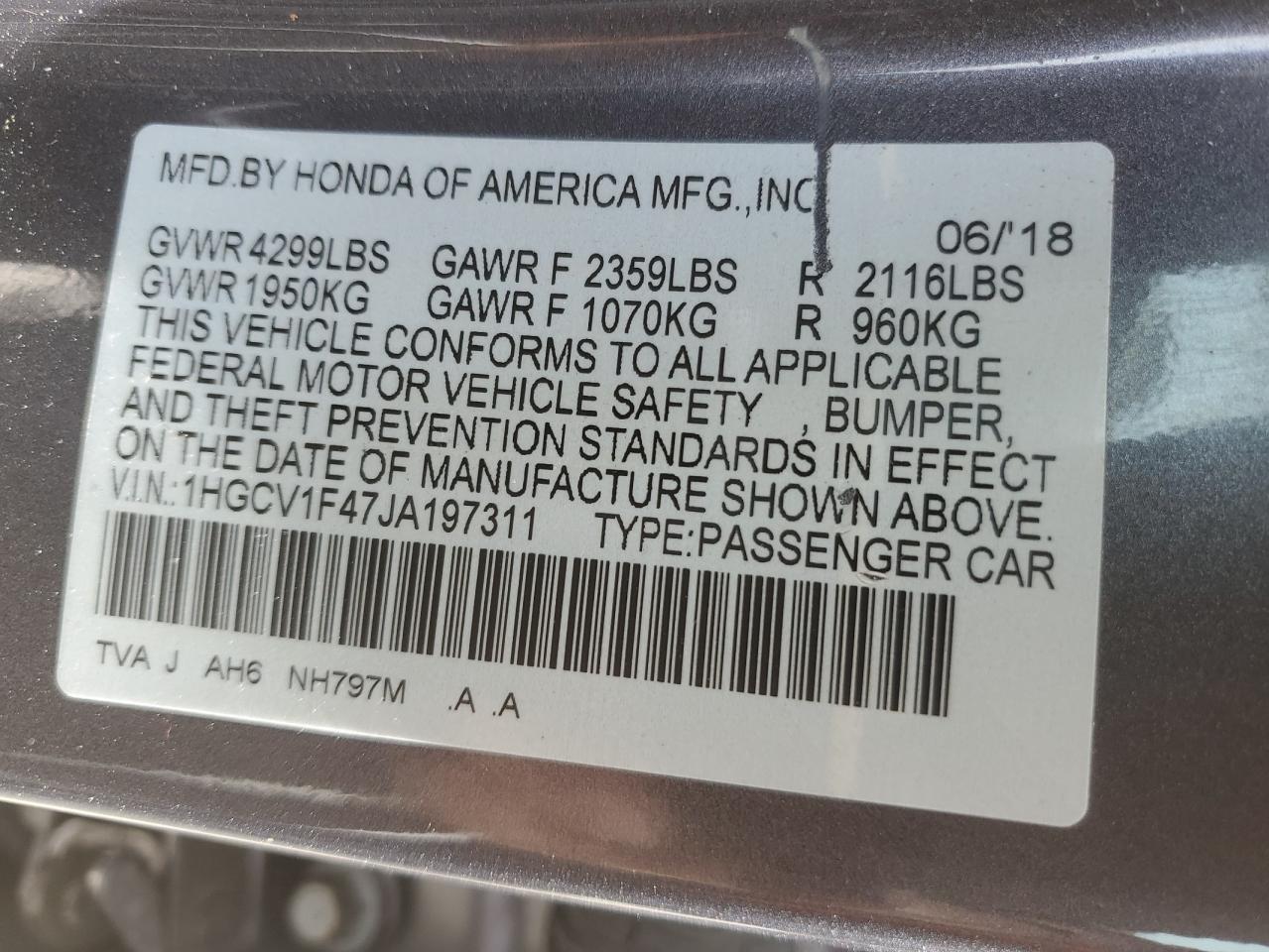 Photo 11 VIN: 1HGCV1F47JA197311 - HONDA ACCORD 