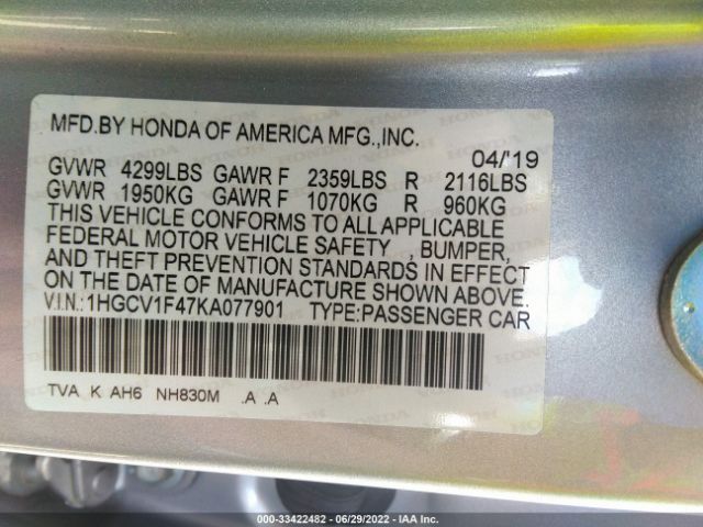 Photo 8 VIN: 1HGCV1F47KA077901 - HONDA ACCORD SEDAN 