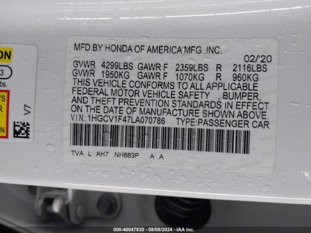 Photo 8 VIN: 1HGCV1F47LA070786 - HONDA ACCORD 