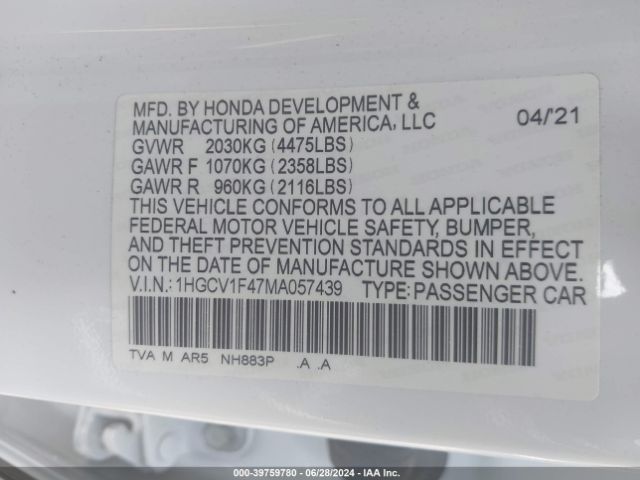 Photo 8 VIN: 1HGCV1F47MA057439 - HONDA ACCORD 