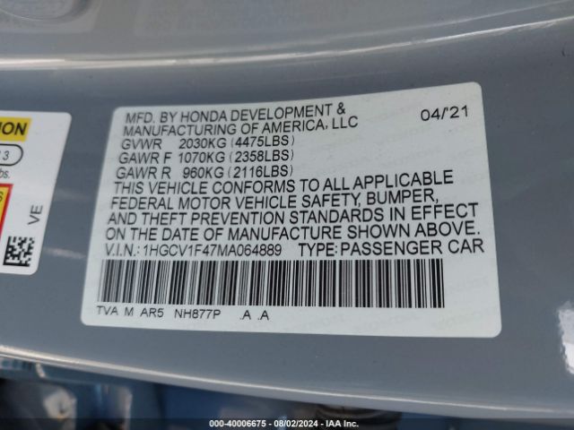 Photo 8 VIN: 1HGCV1F47MA064889 - HONDA ACCORD 