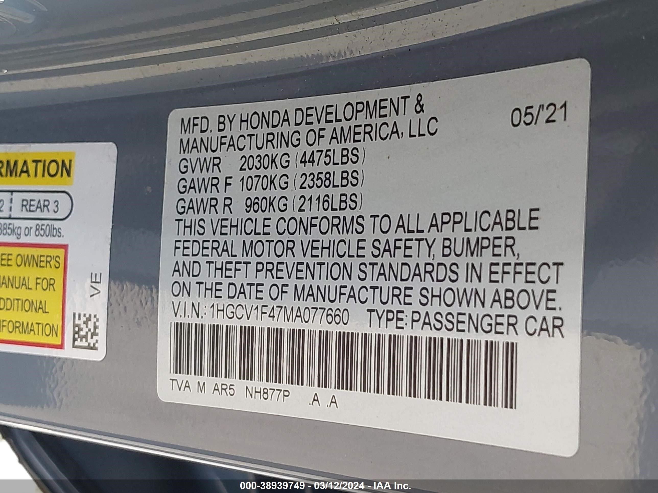 Photo 8 VIN: 1HGCV1F47MA077660 - HONDA ACCORD 