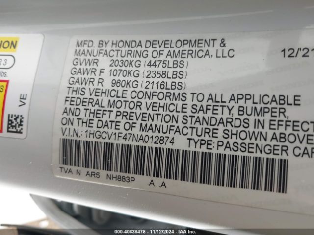 Photo 8 VIN: 1HGCV1F47NA012874 - HONDA ACCORD 