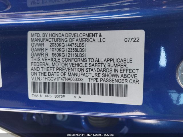 Photo 8 VIN: 1HGCV1F47NA063033 - HONDA ACCORD 