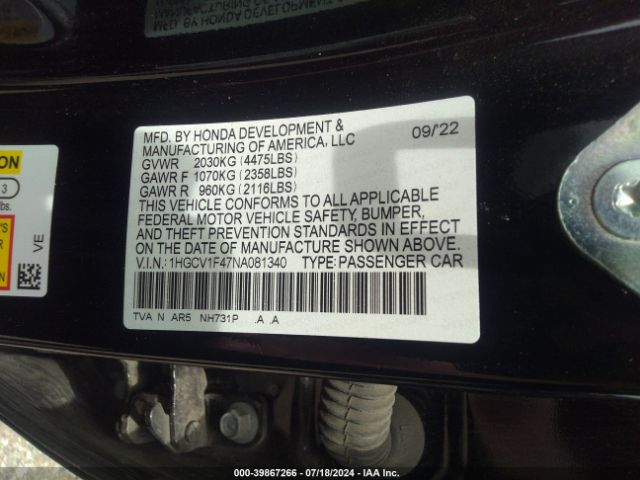 Photo 8 VIN: 1HGCV1F47NA081340 - HONDA ACCORD 