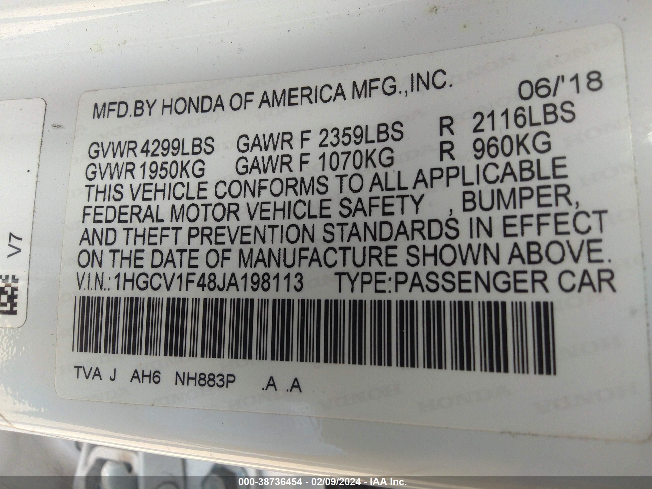 Photo 8 VIN: 1HGCV1F48JA198113 - HONDA ACCORD 