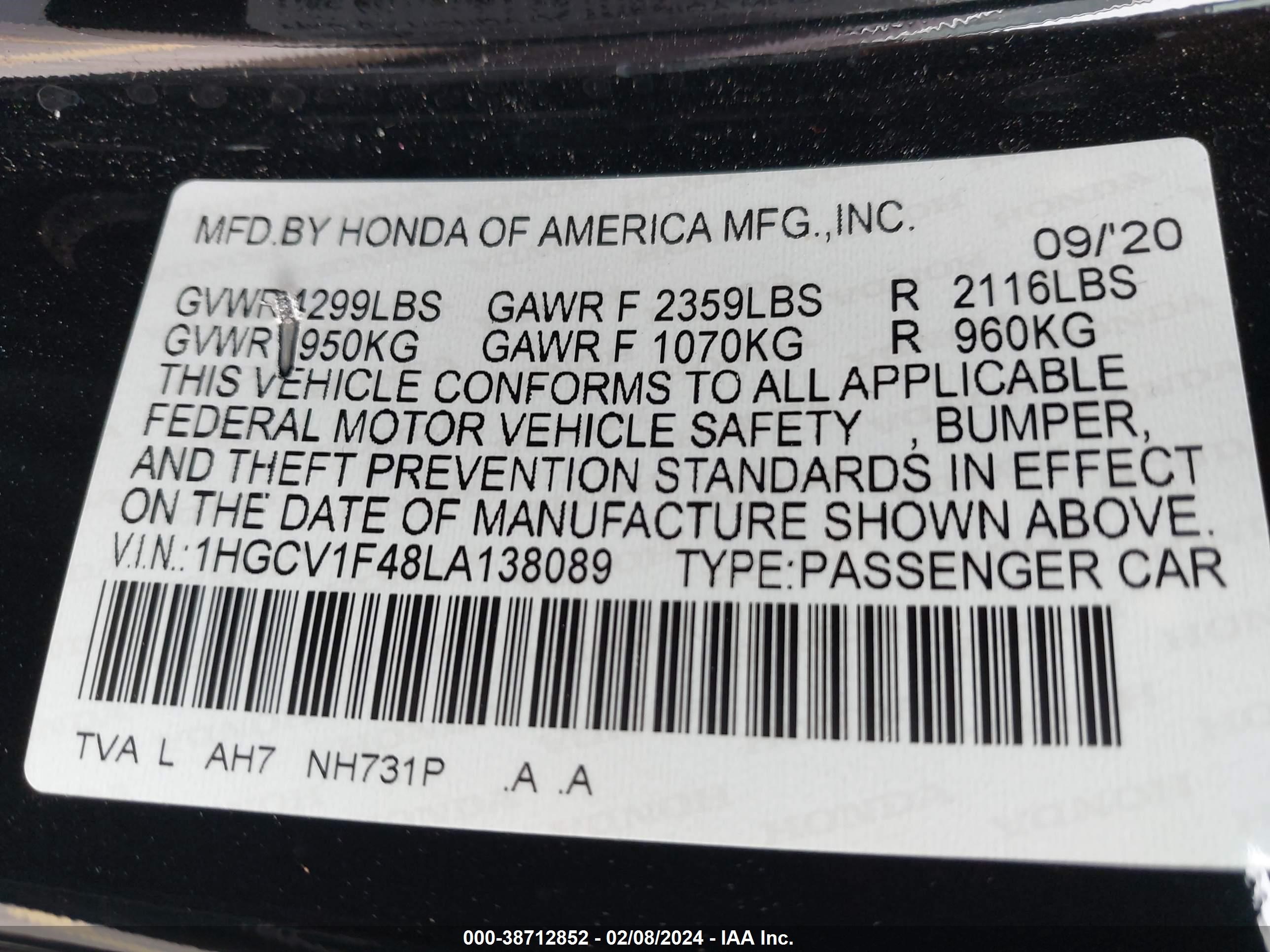 Photo 8 VIN: 1HGCV1F48LA138089 - HONDA ACCORD 