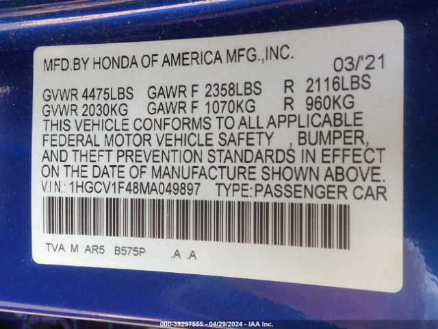 Photo 8 VIN: 1HGCV1F48MA049897 - HONDA ACCORD 