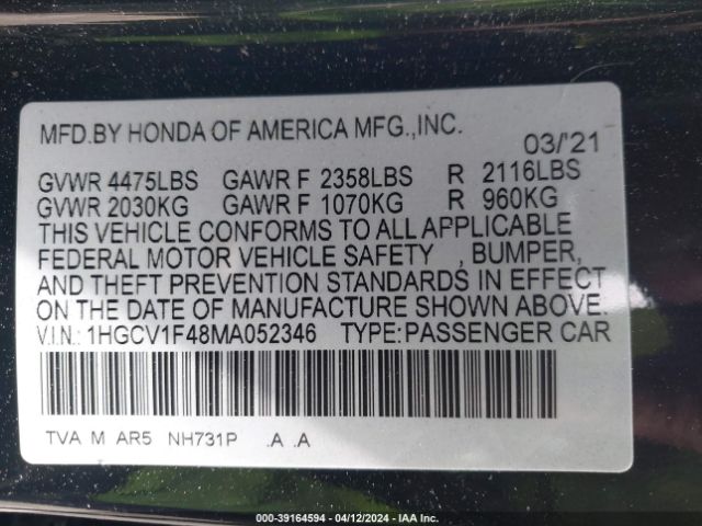 Photo 8 VIN: 1HGCV1F48MA052346 - HONDA ACCORD 