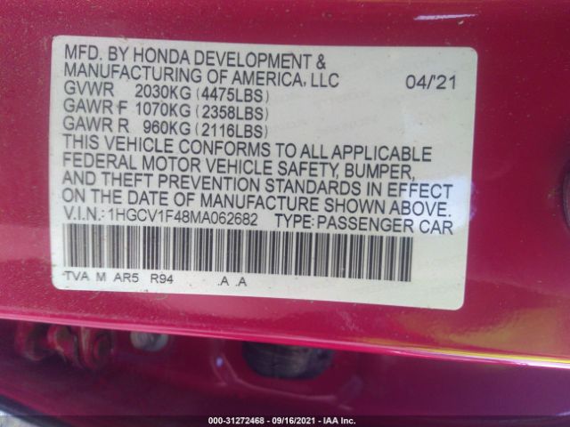 Photo 8 VIN: 1HGCV1F48MA062682 - HONDA ACCORD SEDAN 