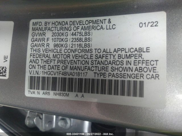 Photo 8 VIN: 1HGCV1F48NA018117 - HONDA ACCORD SEDAN 