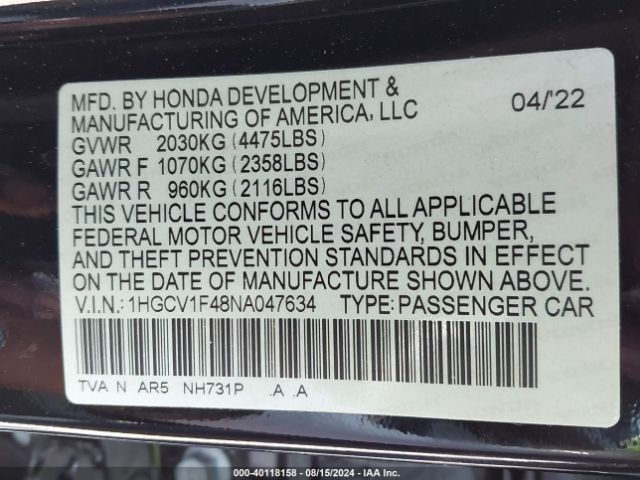 Photo 8 VIN: 1HGCV1F48NA047634 - HONDA ACCORD 