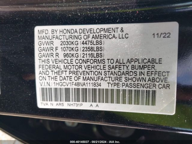 Photo 8 VIN: 1HGCV1F48NA111834 - HONDA ACCORD 