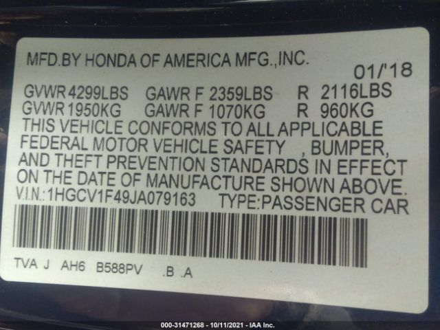 Photo 8 VIN: 1HGCV1F49JA079163 - HONDA ACCORD SEDAN 