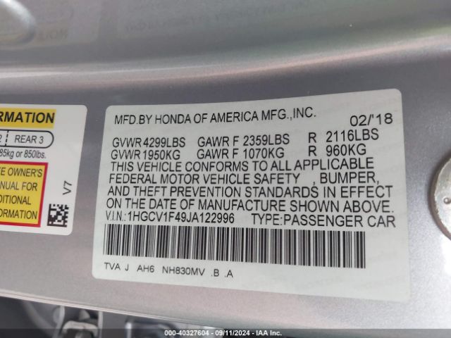 Photo 8 VIN: 1HGCV1F49JA122996 - HONDA ACCORD 