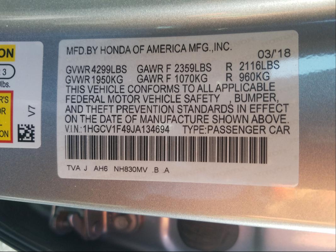 Photo 9 VIN: 1HGCV1F49JA134694 - HONDA ACCORD EX 