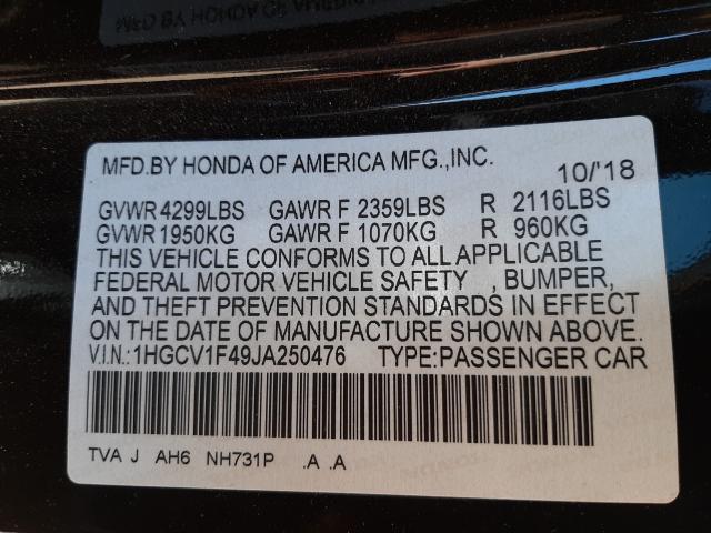 Photo 9 VIN: 1HGCV1F49JA250476 - HONDA ACCORD EX 