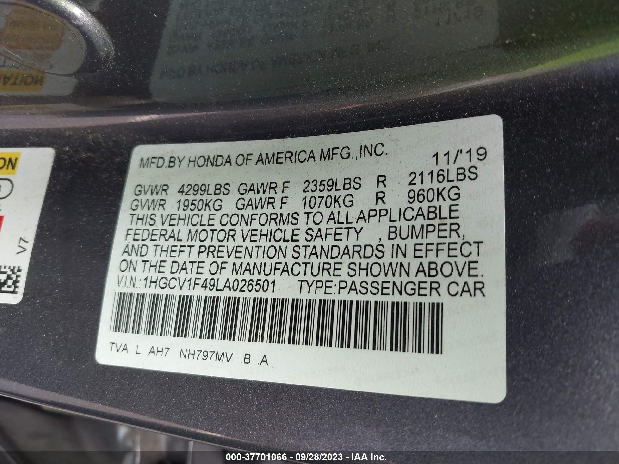 Photo 8 VIN: 1HGCV1F49LA026501 - HONDA ACCORD 