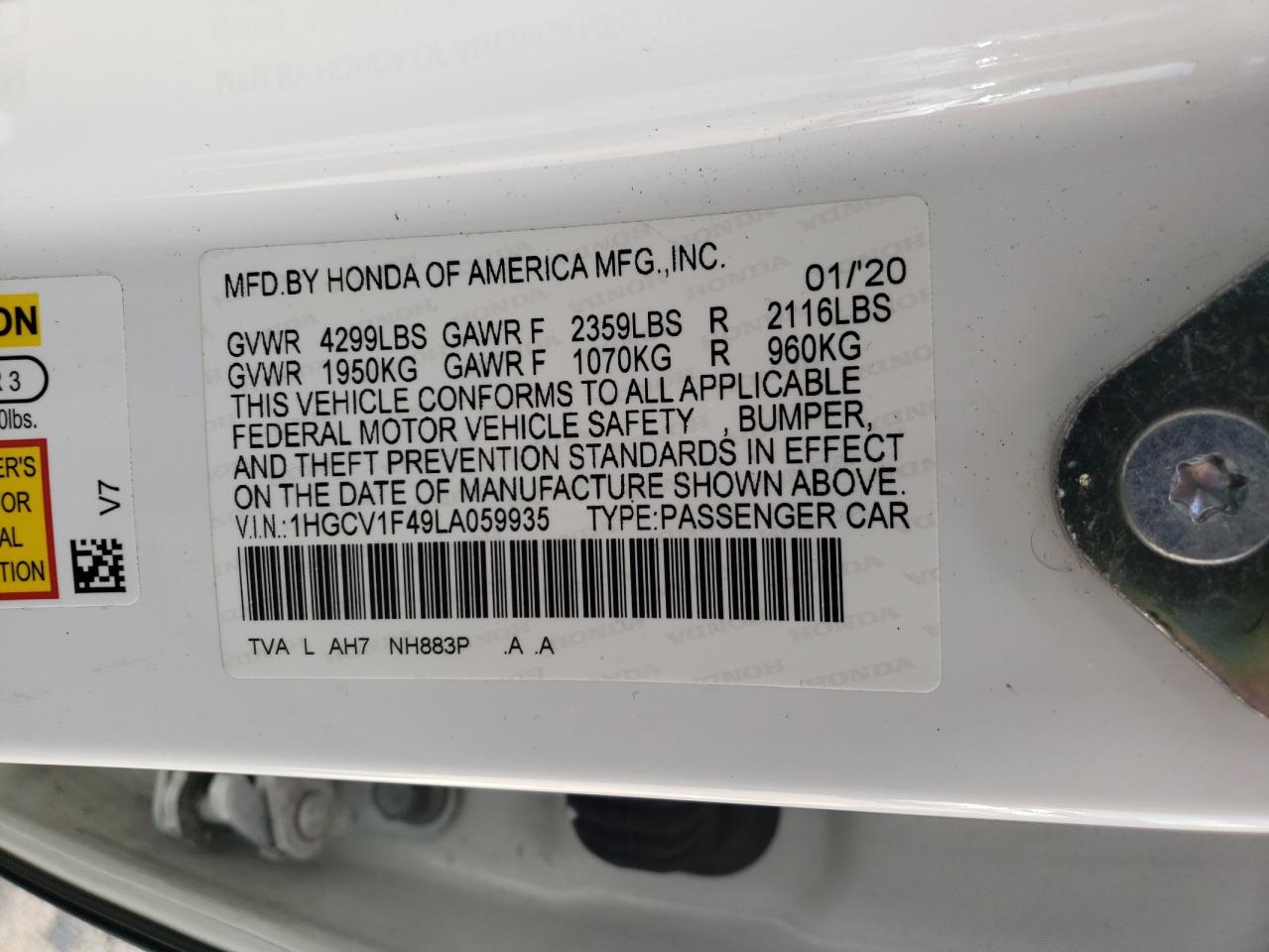 Photo 12 VIN: 1HGCV1F49LA059935 - HONDA ACCORD 