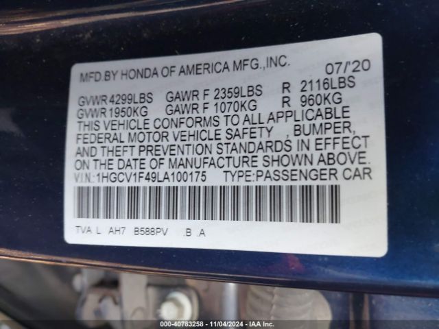 Photo 8 VIN: 1HGCV1F49LA100175 - HONDA ACCORD 