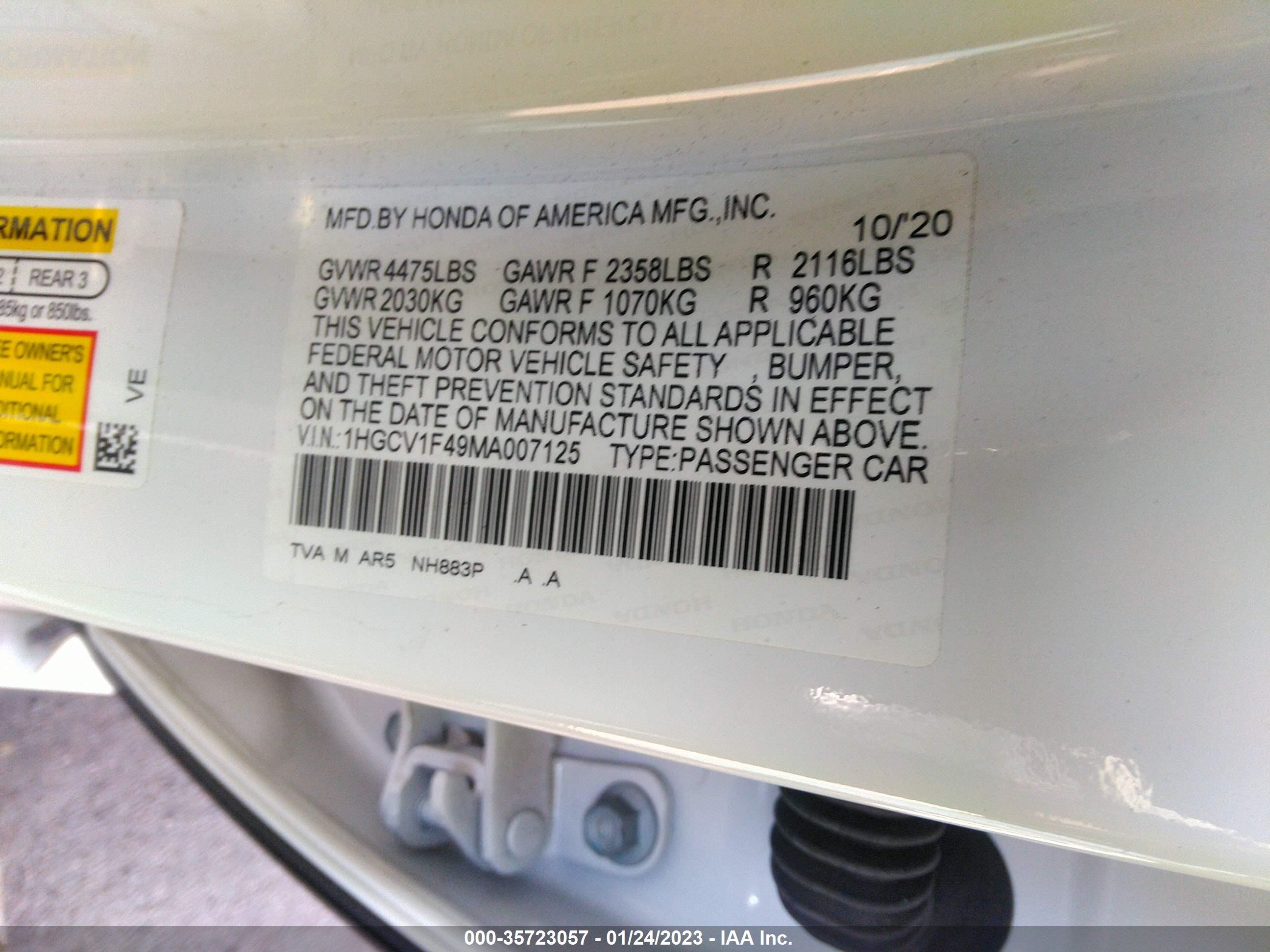 Photo 8 VIN: 1HGCV1F49MA007125 - HONDA ACCORD 