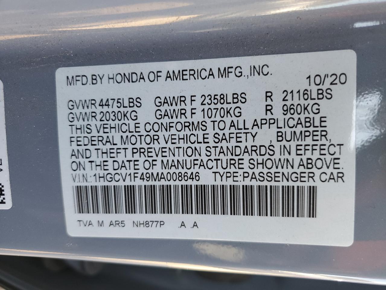 Photo 11 VIN: 1HGCV1F49MA008646 - HONDA ACCORD 