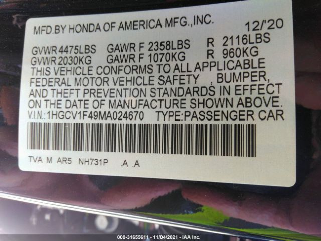 Photo 8 VIN: 1HGCV1F49MA024670 - HONDA ACCORD SEDAN 