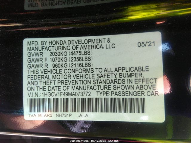 Photo 8 VIN: 1HGCV1F49MA073772 - HONDA ACCORD 