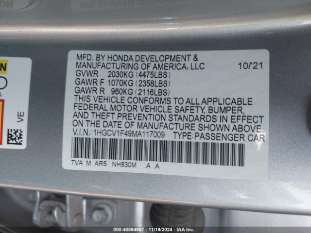 Photo 8 VIN: 1HGCV1F49MA117009 - HONDA ACCORD 