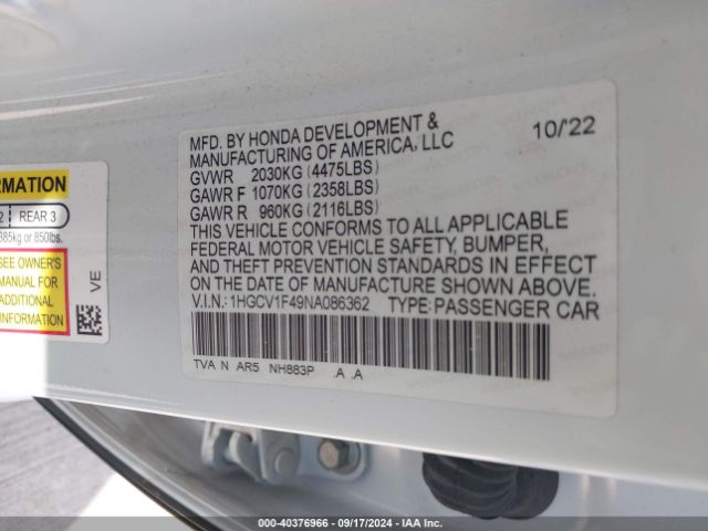 Photo 8 VIN: 1HGCV1F49NA086362 - HONDA ACCORD 