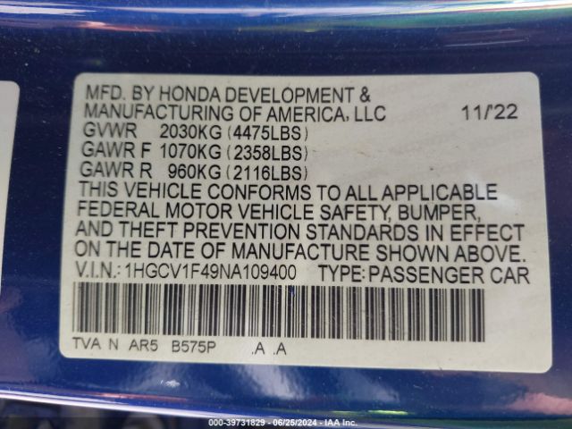 Photo 8 VIN: 1HGCV1F49NA109400 - HONDA ACCORD 