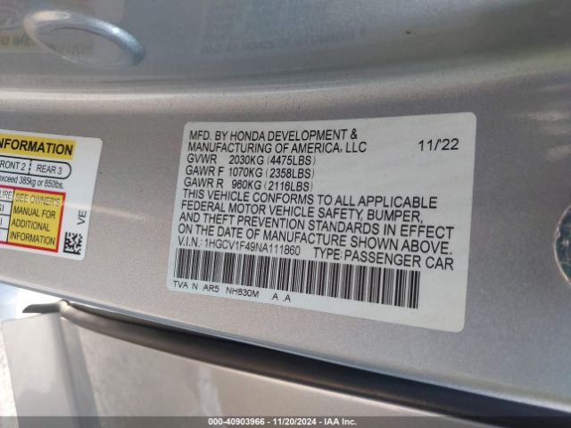 Photo 8 VIN: 1HGCV1F49NA111860 - HONDA ACCORD 