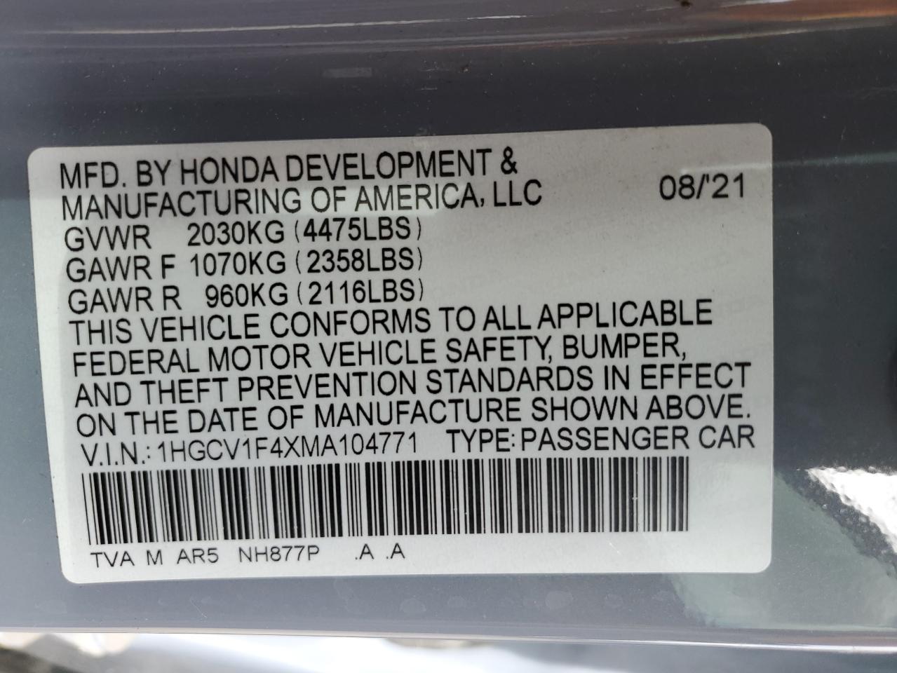 Photo 11 VIN: 1HGCV1F4XMA104771 - HONDA ACCORD 