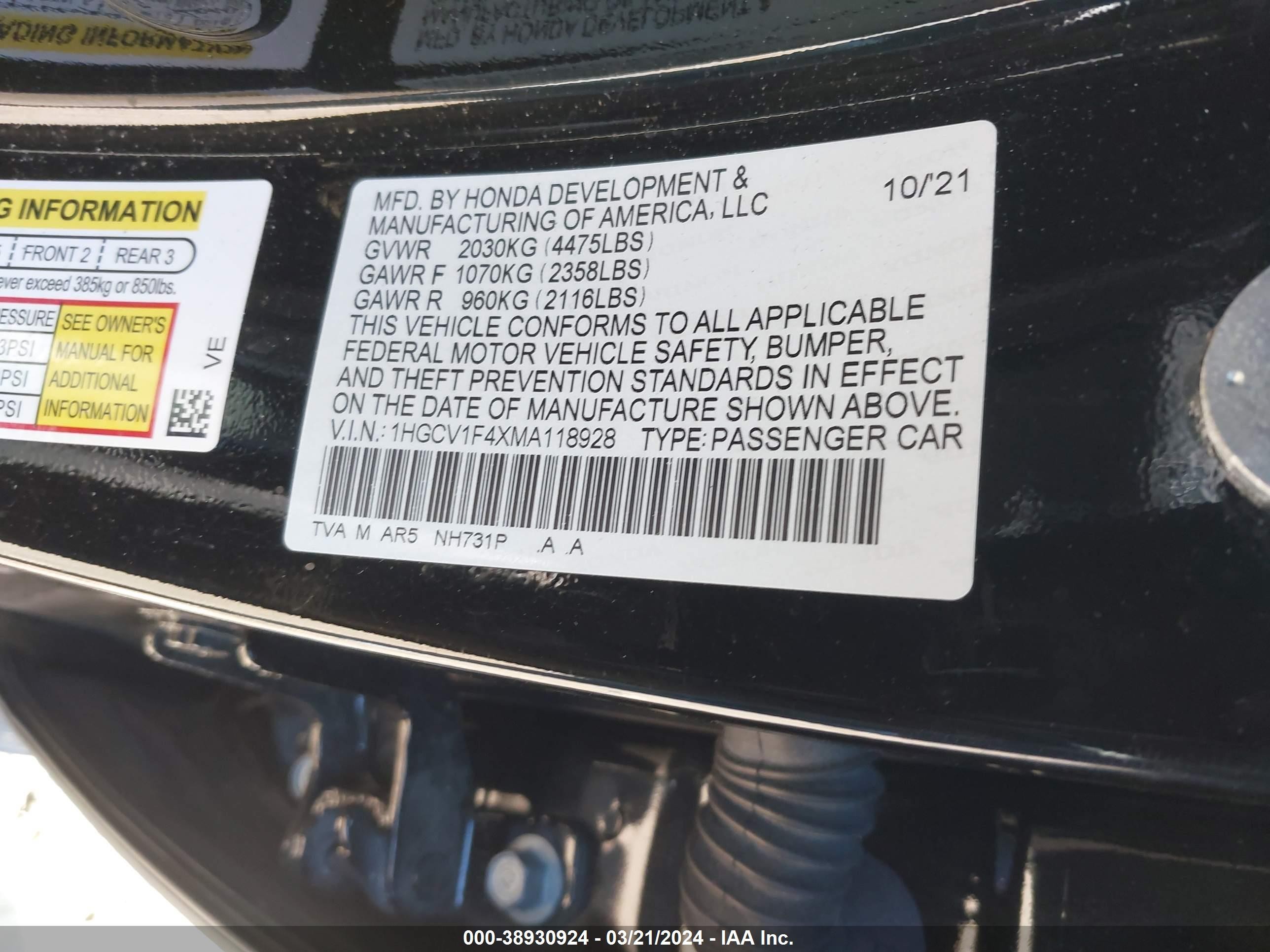 Photo 8 VIN: 1HGCV1F4XMA118928 - HONDA ACCORD 