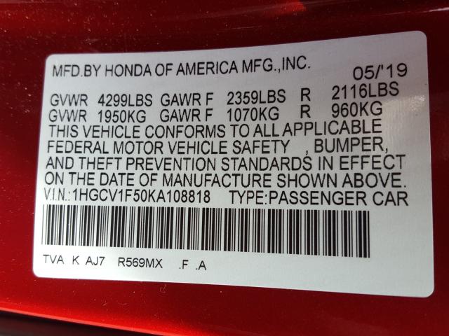 Photo 9 VIN: 1HGCV1F50KA108818 - HONDA ACCORD 