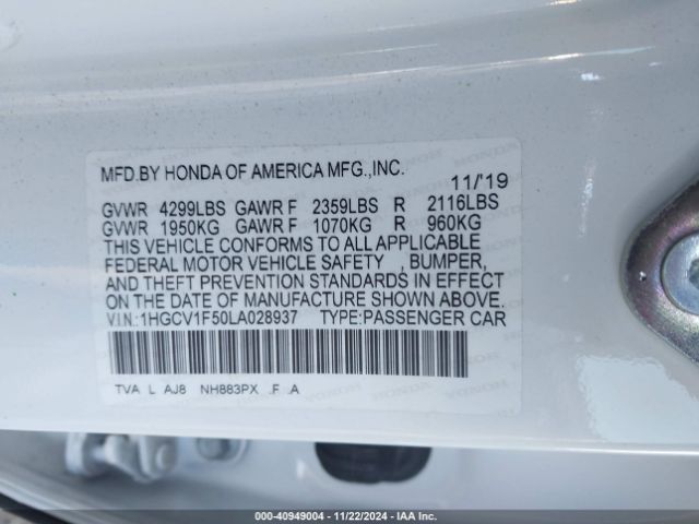 Photo 8 VIN: 1HGCV1F50LA028937 - HONDA ACCORD 