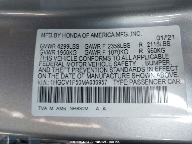 Photo 8 VIN: 1HGCV1F50MA036957 - HONDA ACCORD 