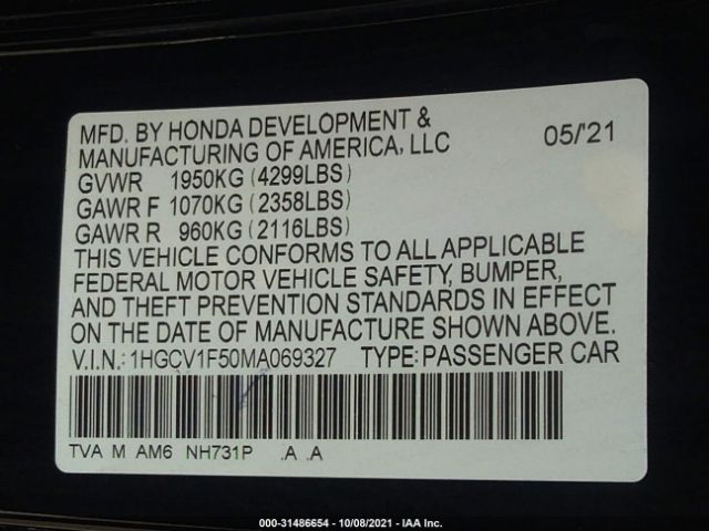 Photo 8 VIN: 1HGCV1F50MA069327 - HONDA ACCORD SEDAN 