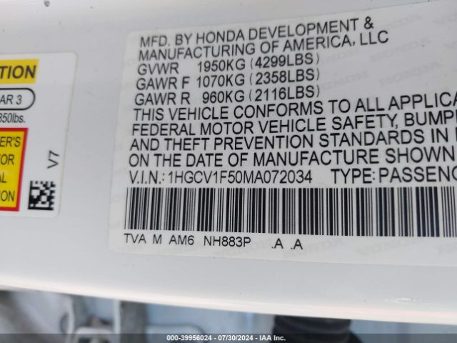 Photo 8 VIN: 1HGCV1F50MA072034 - HONDA ACCORD 