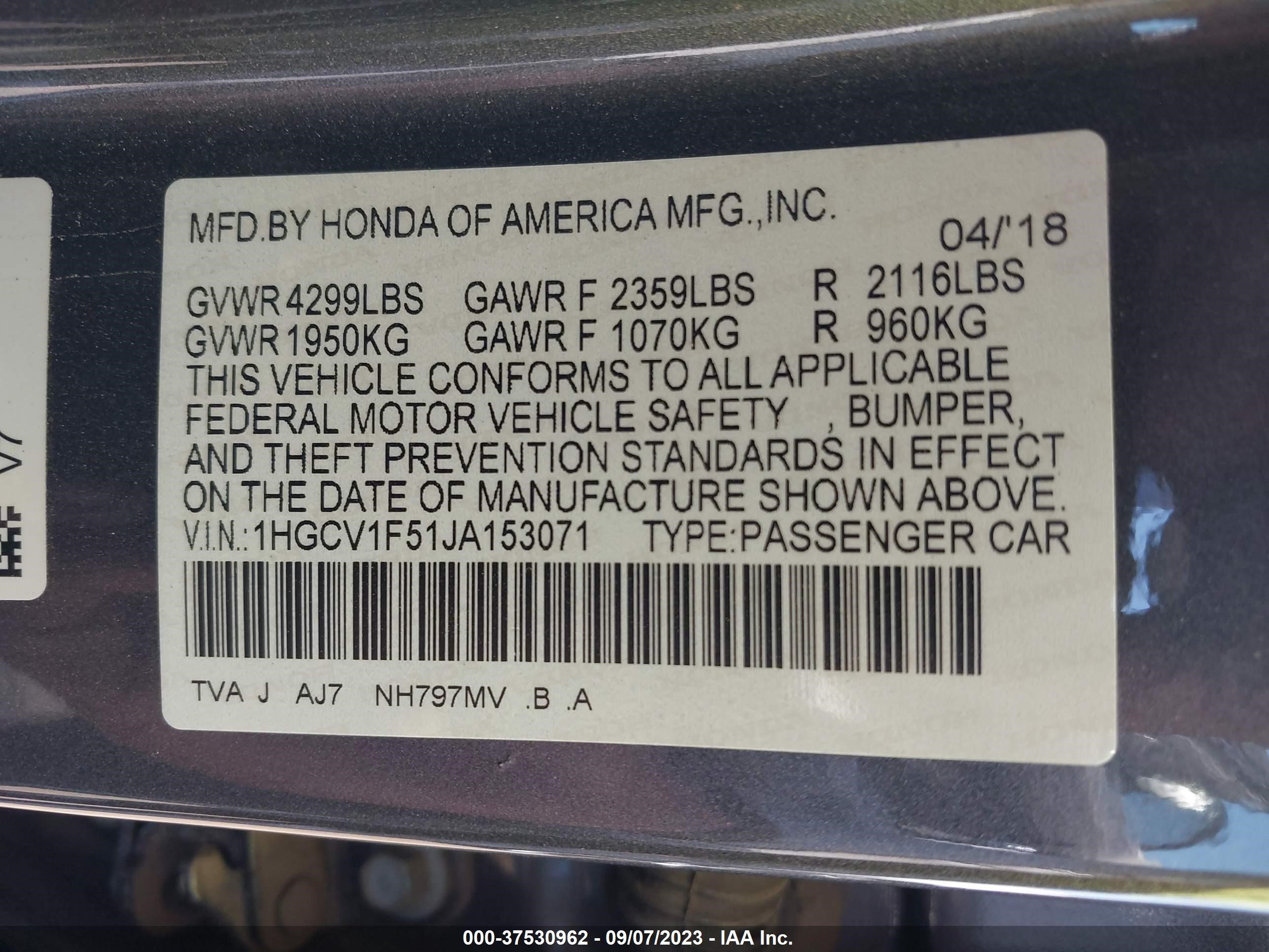 Photo 8 VIN: 1HGCV1F51JA153071 - HONDA ACCORD 