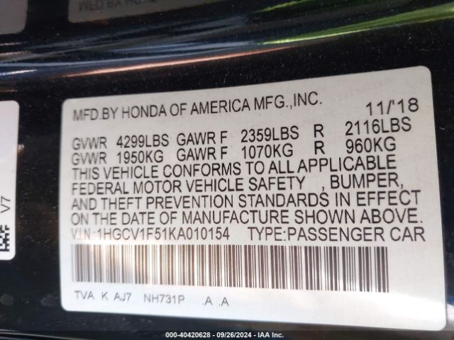 Photo 8 VIN: 1HGCV1F51KA010154 - HONDA ACCORD 