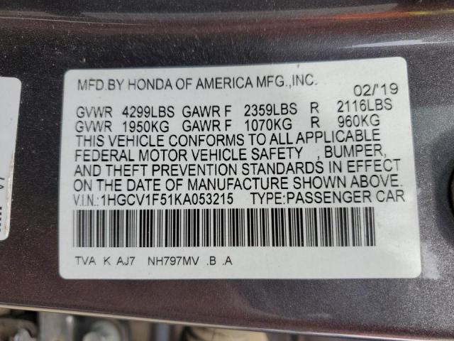 Photo 9 VIN: 1HGCV1F51KA053215 - HONDA ACCORD EXL 