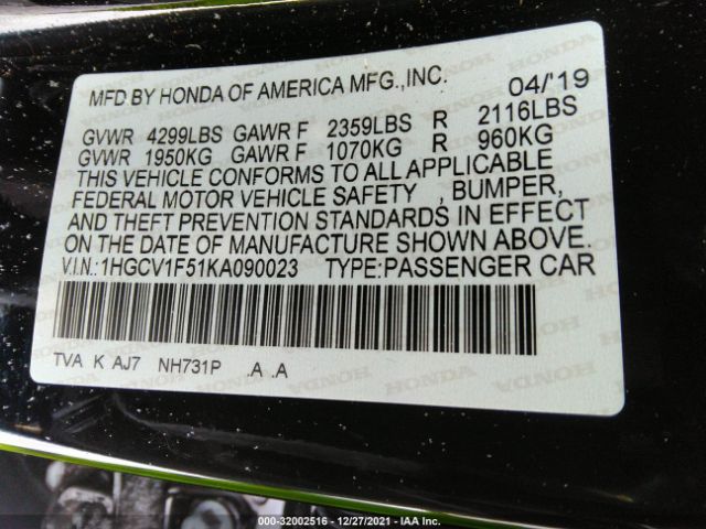 Photo 8 VIN: 1HGCV1F51KA090023 - HONDA ACCORD SEDAN 