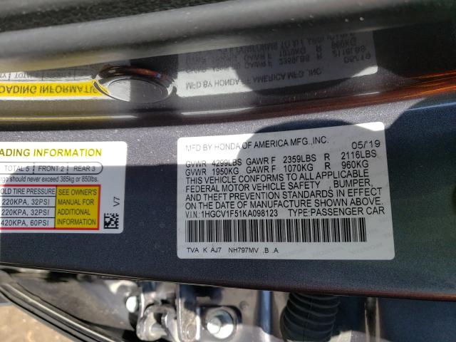 Photo 9 VIN: 1HGCV1F51KA098123 - HONDA ACCORD EXL 