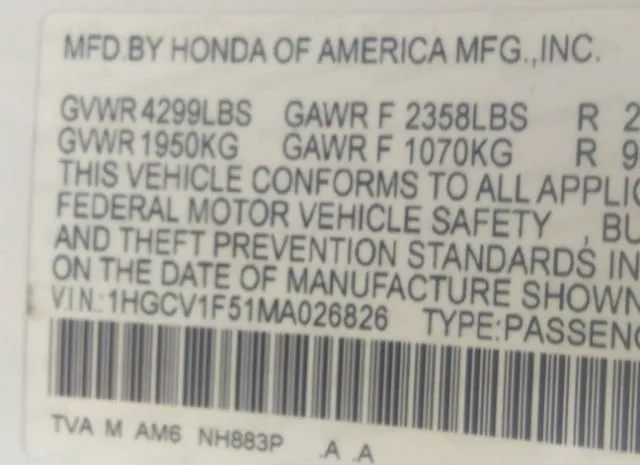 Photo 8 VIN: 1HGCV1F51MA026826 - HONDA ACCORD SEDAN 