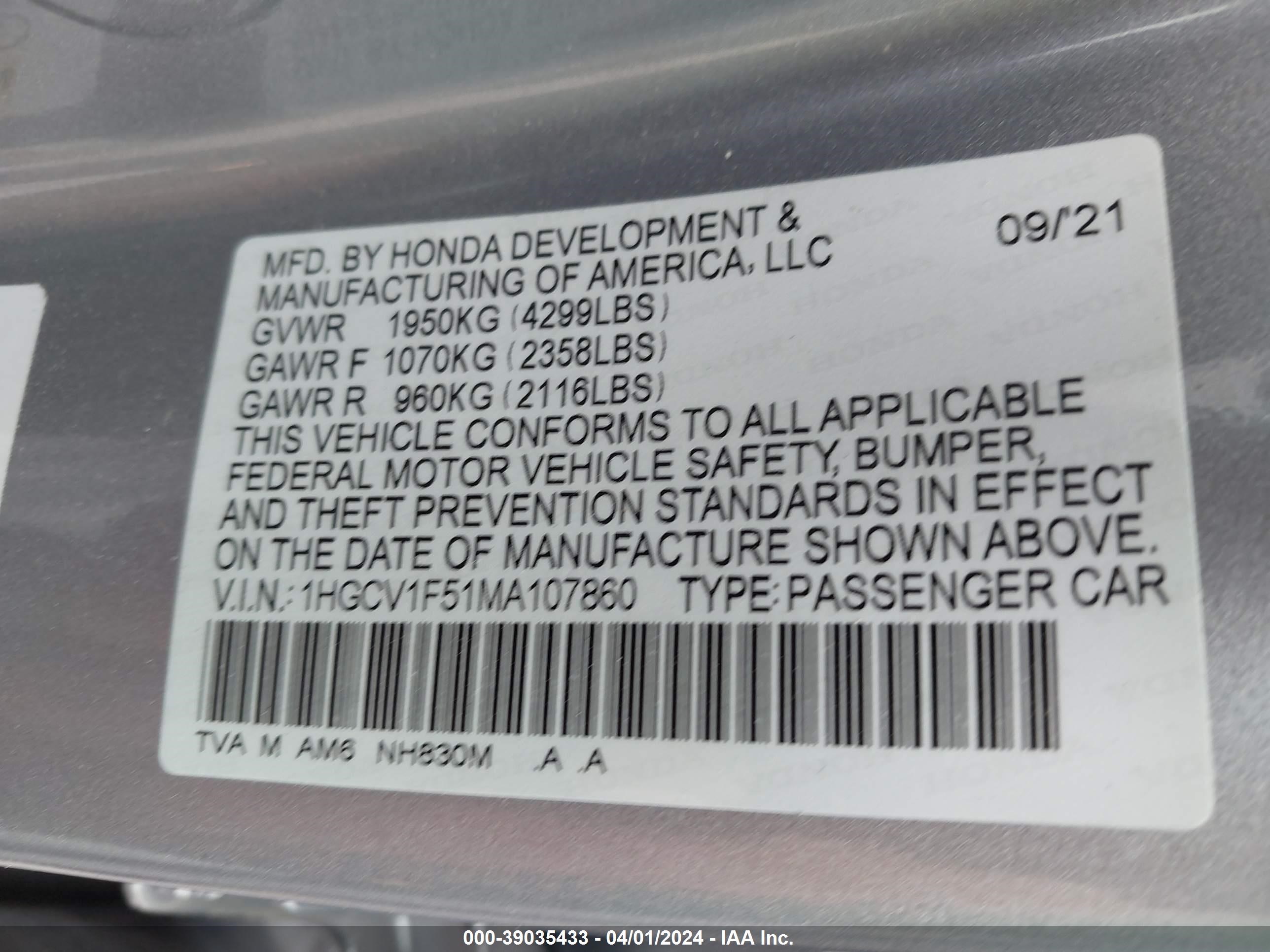 Photo 8 VIN: 1HGCV1F51MA107860 - HONDA ACCORD 