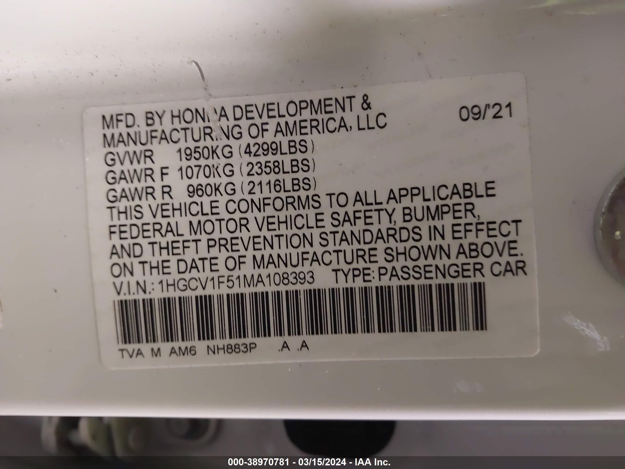 Photo 8 VIN: 1HGCV1F51MA108393 - HONDA ACCORD 