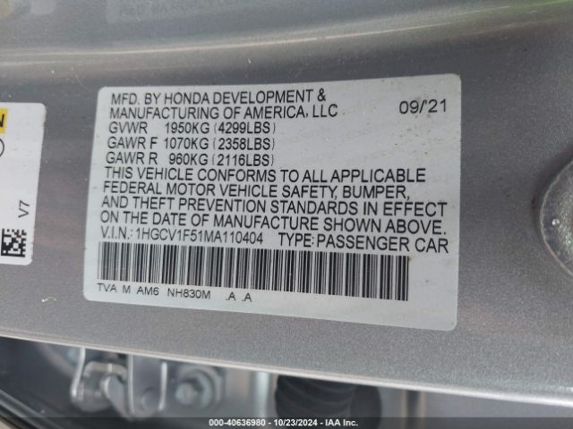 Photo 8 VIN: 1HGCV1F51MA110404 - HONDA ACCORD 