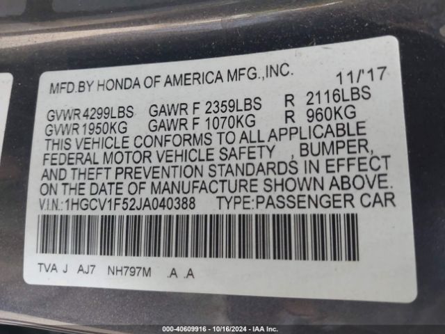 Photo 8 VIN: 1HGCV1F52JA040388 - HONDA ACCORD 